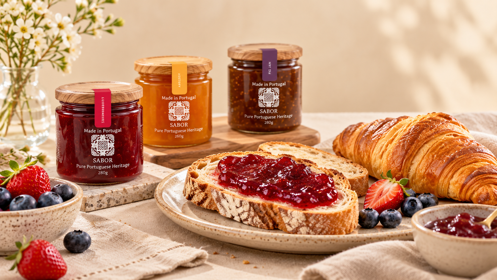 Mứt trái cây Sabor ăn cùng bánh mì nướng và croissant cho bữa sáng