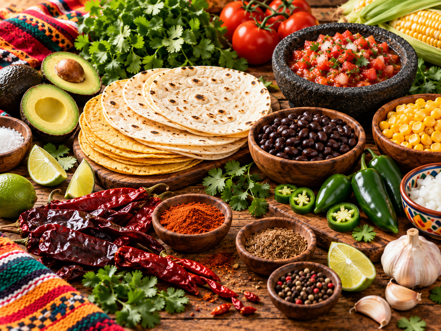 Các nguyên liệu Mexico gồm tortilla, salsa, ớt, bơ, đậu và gia vị đặc trưng