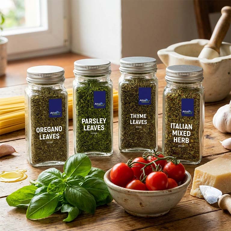 Bộ 4 hũ gia vị lá Oregano Parsley Thyme và Italian Mixed Herb Atlas Garden nấu mì Ý